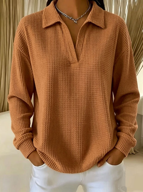 Waffle Lapel Long Sleeve Polo Top m303214