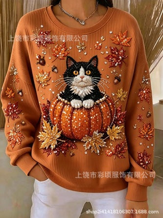 Women's autumn drop shoulder crew neck sweatshirt 3D digital print crew neck FF303475