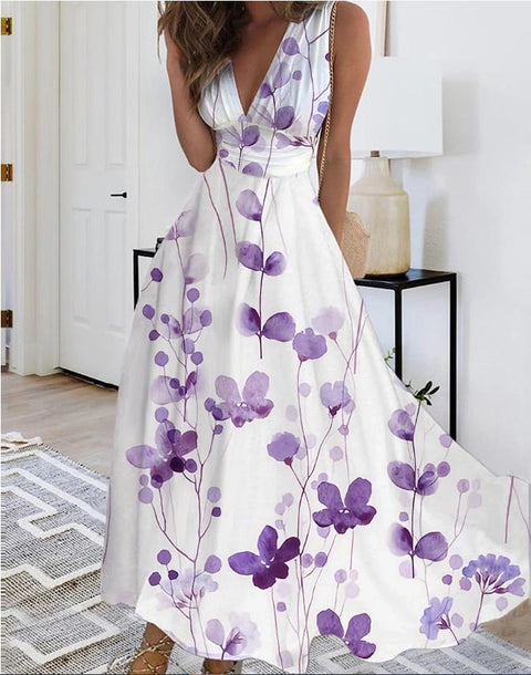 Women's new V-neck with lining high waist sleeveless printed sexy vest dress m301267