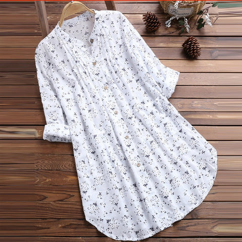 Women's shirt V-neck pleated flower print long-sleeved casual top shirt m301874