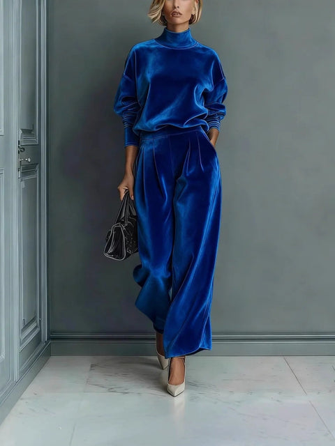 Casual two-piece suit golden velvet long-sleeved solid color high-necked wide-leg pants m302327