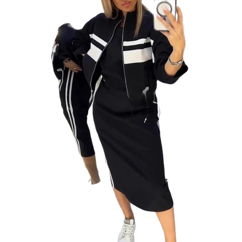 Hip Wrap Over Knee White Stripe Edge Dress Zipper Jacket Jacket Set Women's m302331