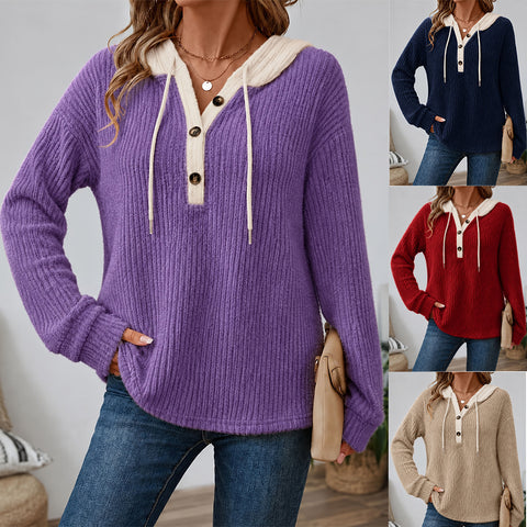Loose v-neck button-down drawstring hooded casual women's top FF303504