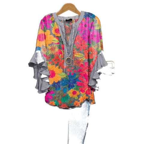 Floral element printing digital printing casual trend V-neck lotus edge T-shirt women's upper m302746