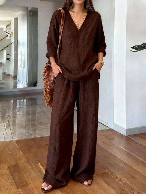 Casual V-neck pullover long sleeve plus trousers washed cotton multi-color m302407