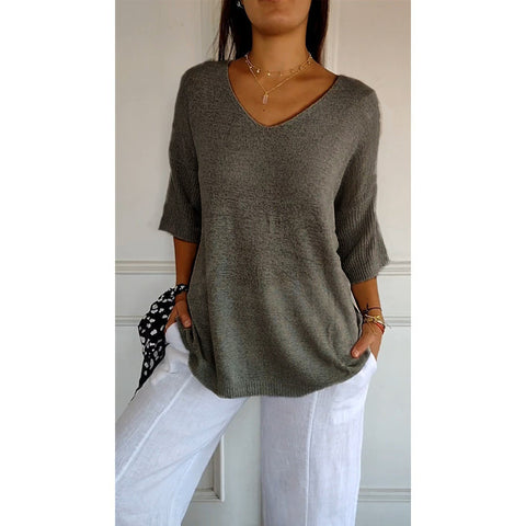 Casual sweater basic thin V-neck seven-quarter sleeve solid color knitted sweater women's bottoming shirt m301636