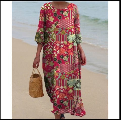 Women's Crew Neck Long Printed Casual Fashion Women's Dress m301059