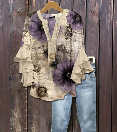 Digital printing casual trend V-neck lotus edge T-shirt women's m302725-1