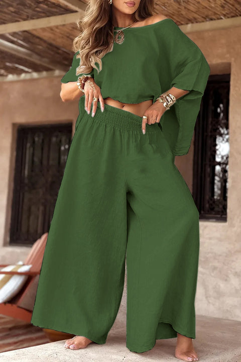 Solid color explosive casual loose round neck off-the-shoulder summer women's suit m302330