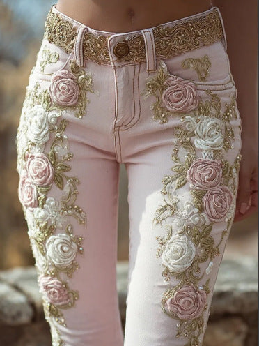 Vintage pink rose embroidery art print jeans elegant temperament m301955