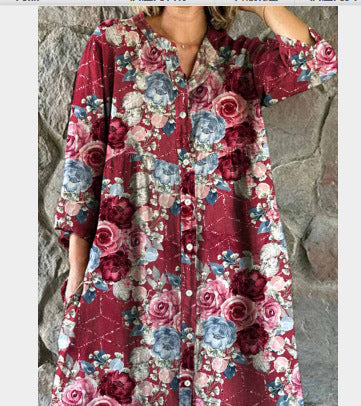 Women's Loose Crew Neck Fashion Premium Long Sleeve Printed Shirt Dress m301050