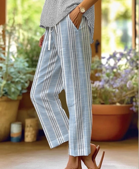 Linglong hemp digital printing simple crimped casual pants m303184
