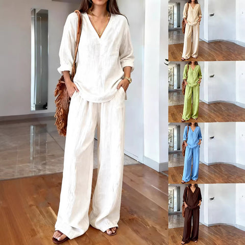 Casual V-neck pullover long sleeve plus trousers washed cotton multi-color m302407