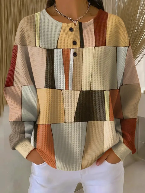 3D-Digitaldruck lockeres lässiges Waffel-Stehkragen-Langarmshirt m303065