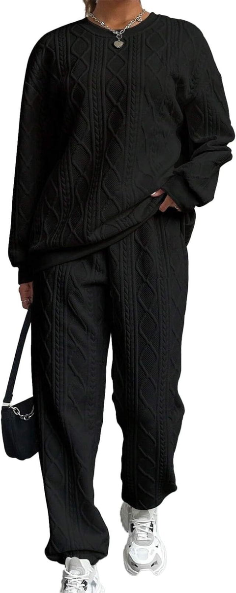 Women's twist splicing long-sleeved crew neck top corset trousers two-piece set m302008