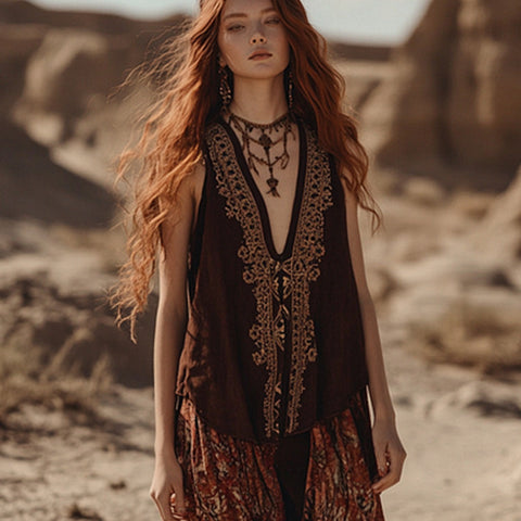 Plant flower print V-neck ethnic tribal vest top m301533