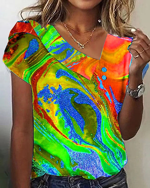 Women's short-sleeved top button V-neck m302369