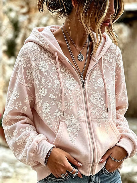 Sequin floral elements 3D digital printing loose casual hooded sweater m303215