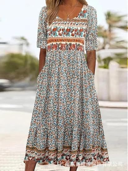 Ladies Casual Crew Neck Pullover Short Sleeve 3D Printing Pleated Waist Swing Long Dress Dress m301299