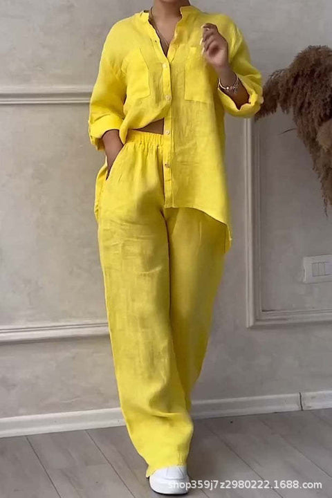 Casual cotton and linen solid color shirt drawstring wide-leg pants set m302317