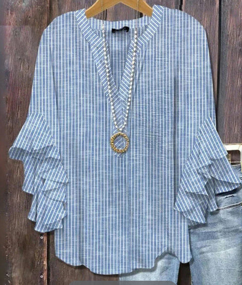 Creative floral element printing digital printing casual trend V-neck lotus edge T-shirt women's top m301778