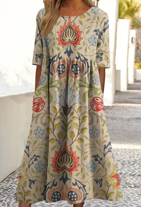 Up and down splicing pocket size printing big wide dress m301712