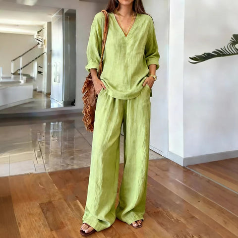 Casual V-neck pullover long sleeve plus trousers washed cotton multi-color m302407