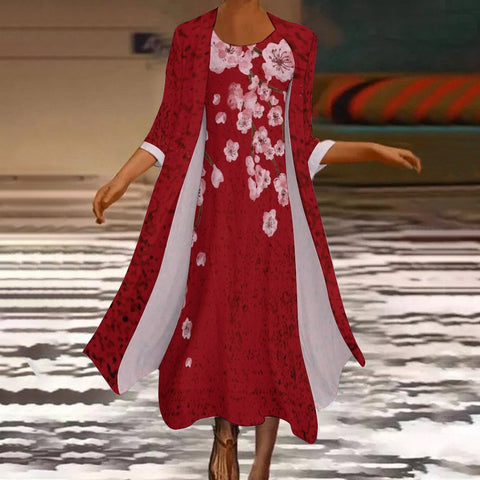 New women's long dress two-piece set flower and grass print crew neck dress m301251