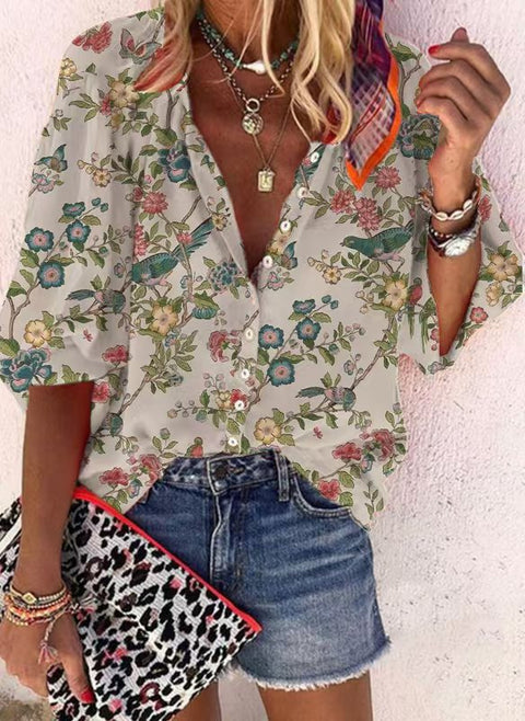 women's clothing stand-up collar loose button retro printed casual shirt m301723