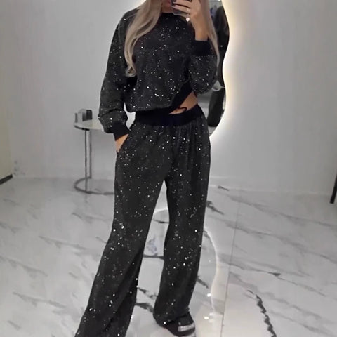 Women's Starry Sky Full of Stars Long Sleeve Crew Neck Loose Top Drawstring Wide Leg Two-piece Set m301500