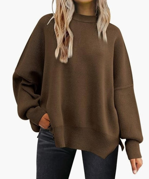 Crew neck bat wing long-sleeved sweater autumn knitted side slit jumper m301590