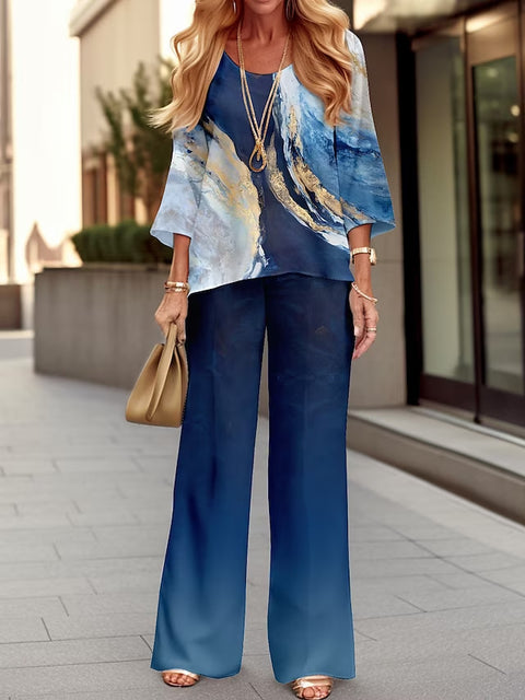 Long Sleeve Set Crew Neck Linen Printed Shirt Set m301254