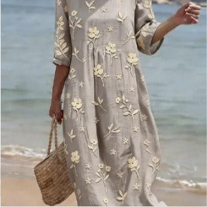 Women's medium and long sleeves side bag crew neck dress seaside vacation loose dress m302606