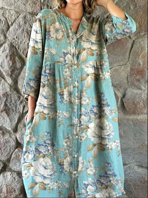 Women's Loose Crew Neck Fashion Premium Long Sleeve Printed Shirt Dress m301050