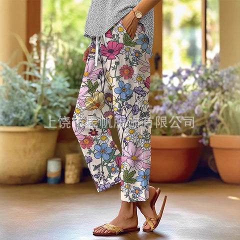 Linglong hemp digital printing simple crimped casual pants m303184