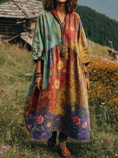 Bohemian ethnic style retro new printing fashion literary loose V-neck FF303433 01
