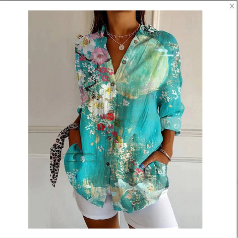 Linglong hemp long shirt women's long-sleeved shirt printing pattern m303195