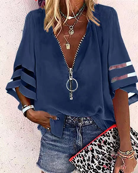 V-neck zipper shirt half-flared sleeve mesh splicing loose casual shirt women's m300887