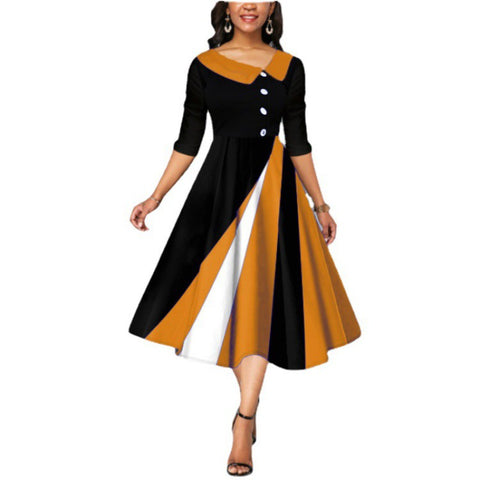 Button embellished 3D printed pendulum five-quarter sleeve long dress m300864