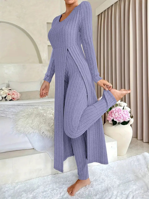 New design round neck split fork long sleeve two-piece set spring m302328