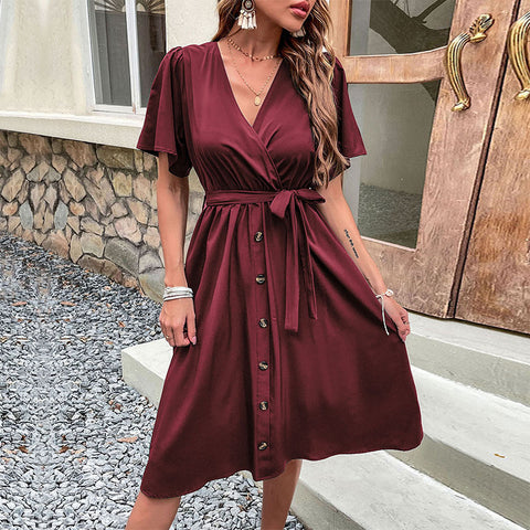 women's clothing horn sleeve waist lace-up dress m300852