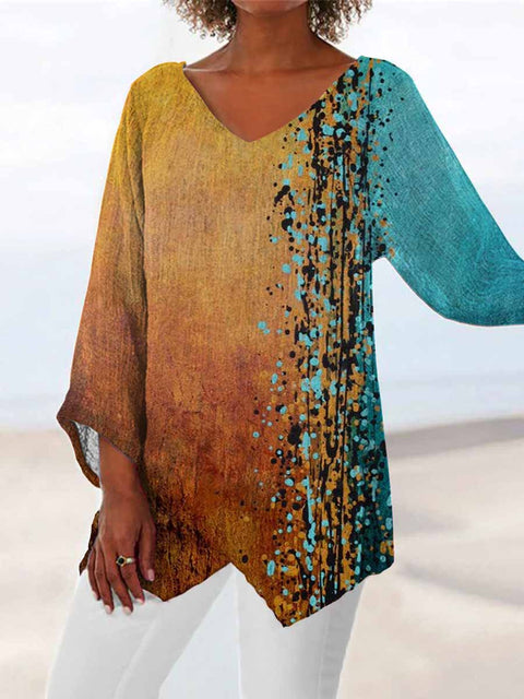 Women's printed animal natural scenery V-neck nine-quarter sleeve loose T-shirt m301289