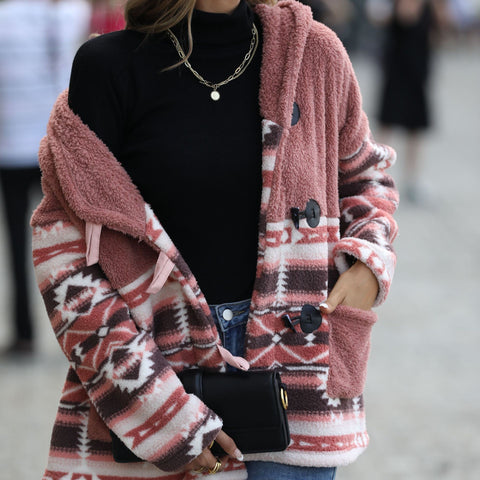 Hooded long-sleeved geometric horn buckle medium and long double-sided Austrian fleece jacket m300395