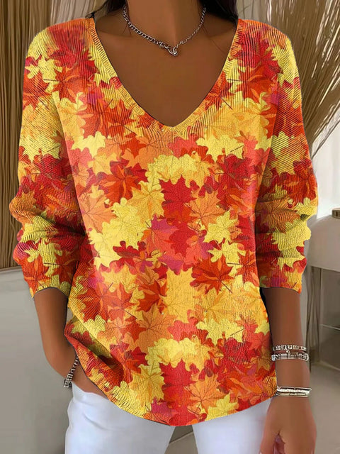 Shoulder V-neck long-sleeved autumn leaf 3D digital printing women's top FF303401 03