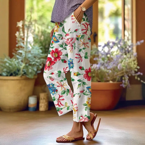 Linglong hemp digital printing simple crimped casual pants m303184