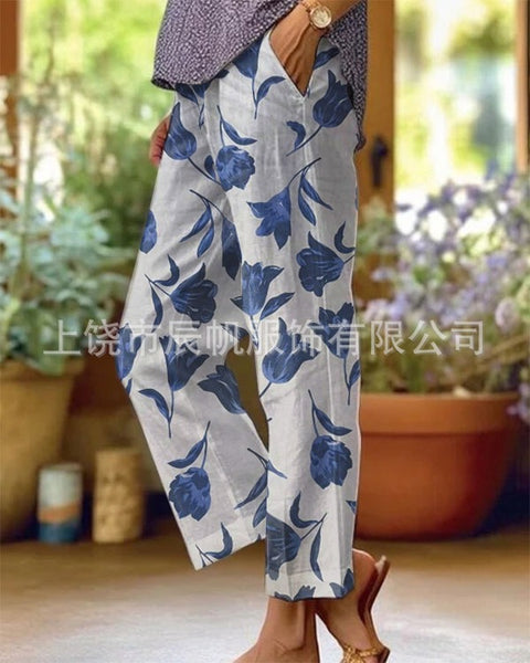 Linglong hemp digital printing simple crimped casual pants m303184