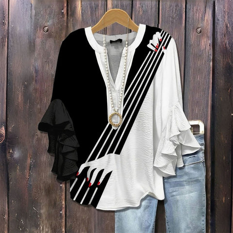 Creative floral element printing digital printing casual trend V-neck lotus edge T-shirt women's m301769