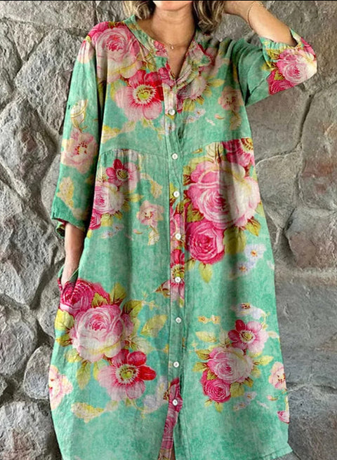 Women's Loose Crew Neck Fashion Premium Long Sleeve Printed Shirt Dress m301050