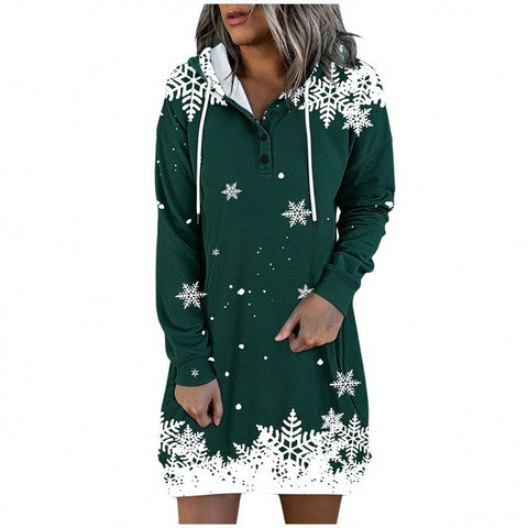 Autumn and Winter Snowflake 3D Printed Button Hooded Sweater Long Women's Top FF303509
