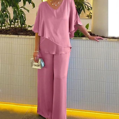 Set Solid color V-neck irregular hem casual set m301319